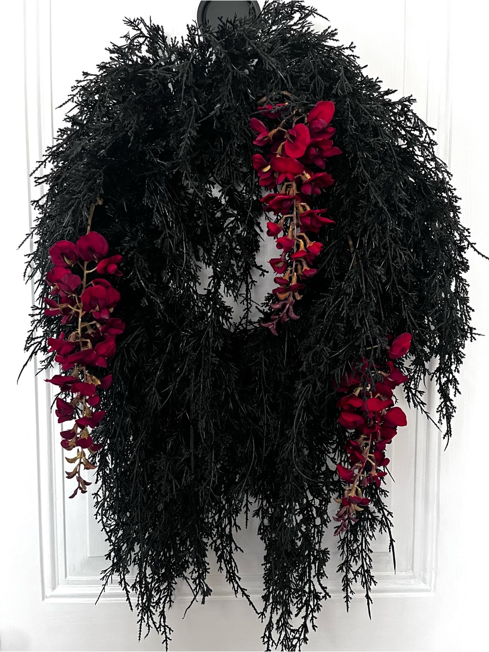 Handcrafted Draping Black Faux Cedar Blood Red Cascading Wisteria Flowers Wreath